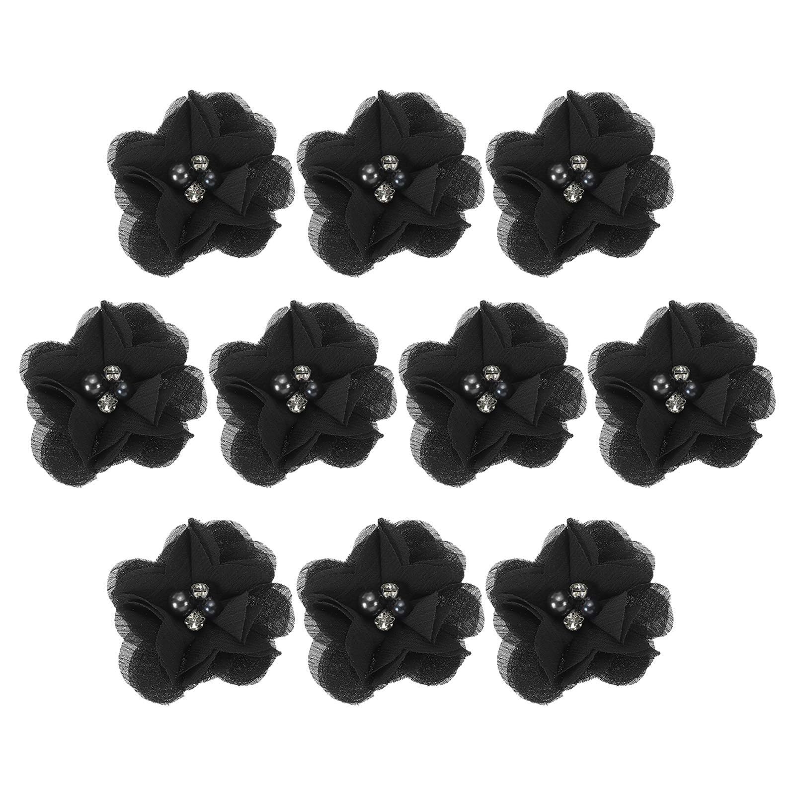 PATIKIL 2" Chiffon Flowers, 10Pcs Fabric Flowers Sewing Appliques Embellishments with Rhinestone Pearl for DIY Crafts Wedding Headbands Party Decoration, Black