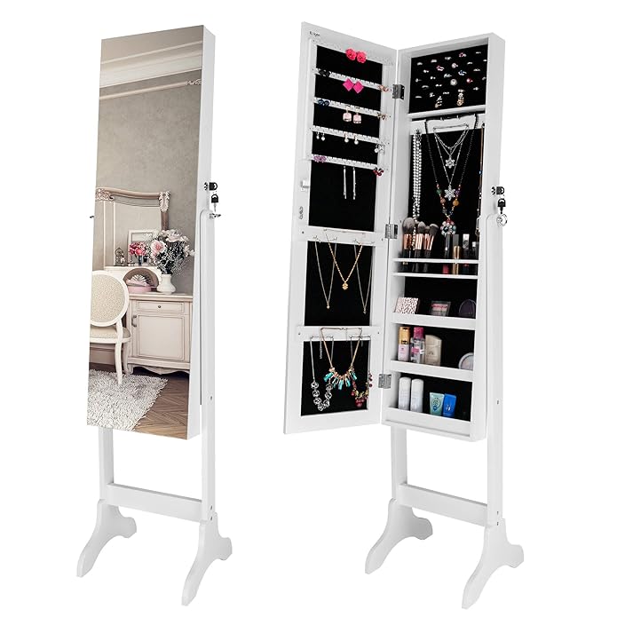 Ezigoo Armario para Joyas con Espejo y Soporte Ajustable Armario joyero Blanco con Espejo, sin Marco y con Cerradura