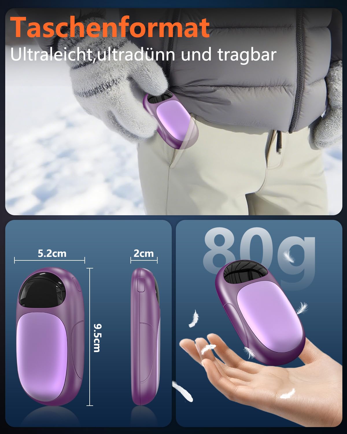 DDKJ Handwärmer Aufladbar 2 Pack 7000mAh - AI Magnetische Taschenwärmer USB mit LED-Display - Hand Warmers Elektrisch Beidseitig, Klein Hand Wärmer - Gifts für Outdoors, Jagd & Hiking - Dunkellila 6