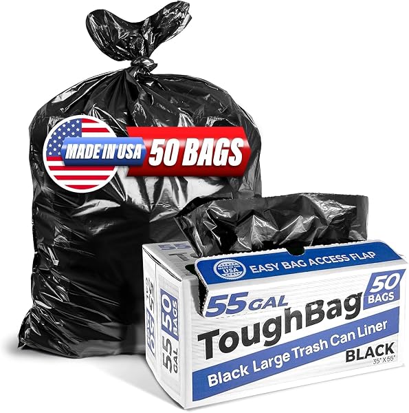 TOUGHBAG 55 GALLON TRASH BAGS, 55-60 GALLON TRASH BAGS HEAVY DUTY (50 COUNT) – LARGE BLACK TRASH CAN LINERS, 50-60 GAL FOR CONTRACTORS, COMMERCIAL, AND LAWN – MADE IN USA