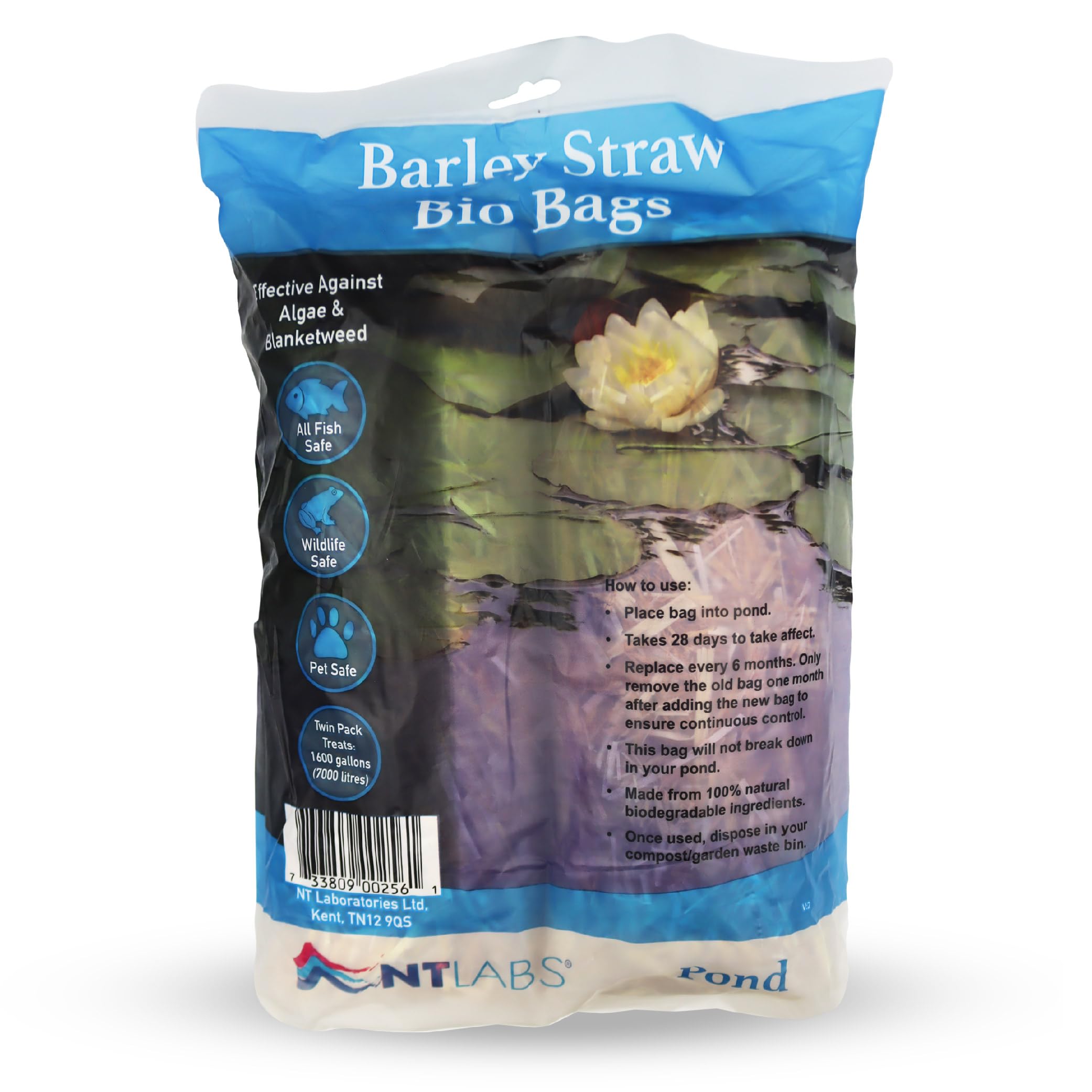 NT Labs Pond Barley Straw Bio Bags, Barley Straw Pouches, Controls Green Water in Ponds, Natural Blanketweed Control, Compostable Barley Straw Bag (Twin Pack - Treats 7000L)