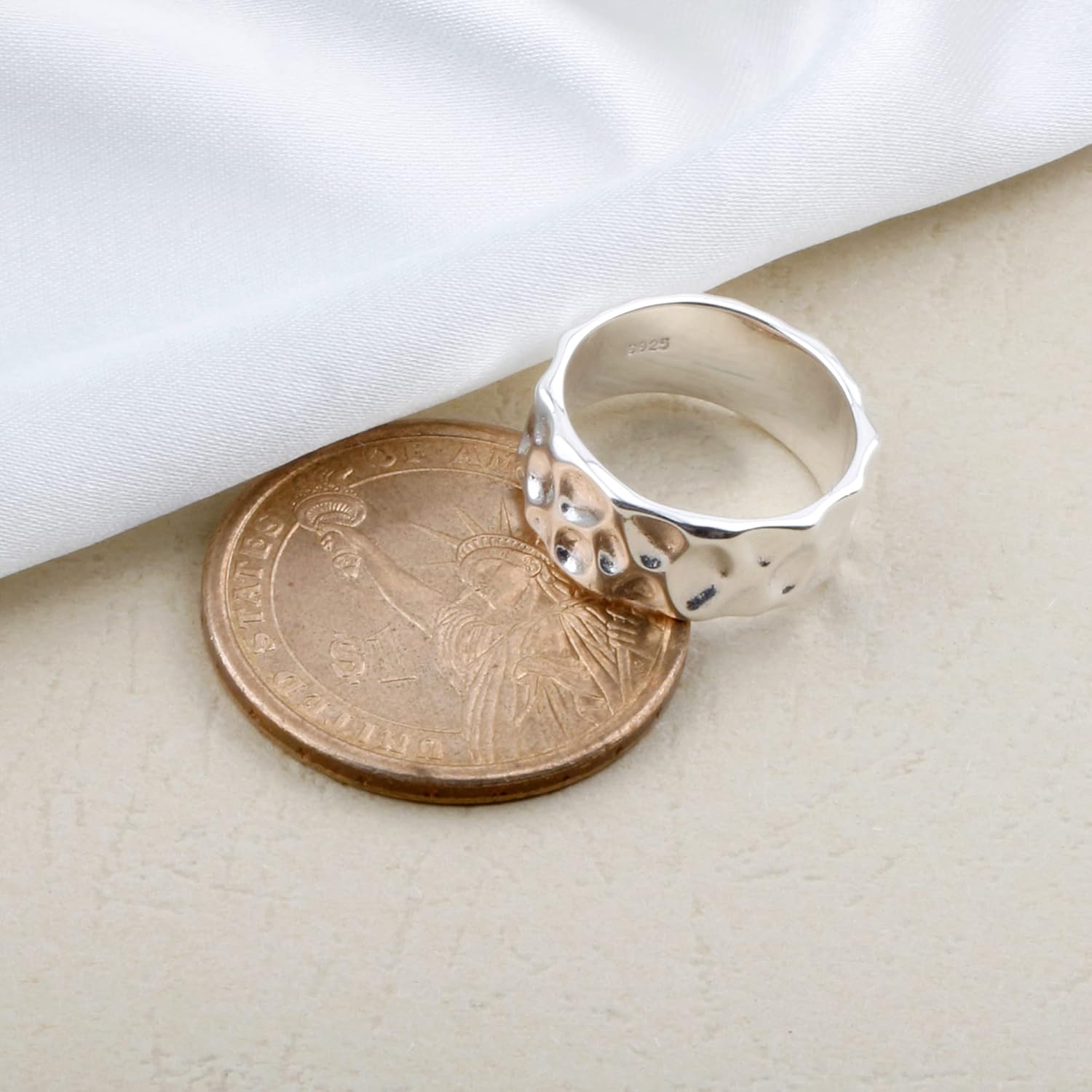 Kakikaki Sterling Silver Handmade Hammered Wide Ring Textured Statement Band Rings for Women: Clothing