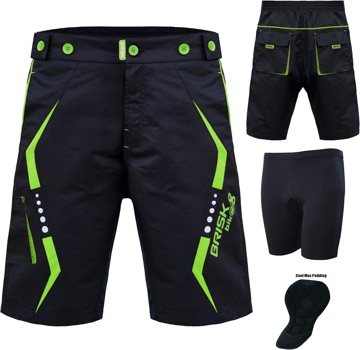 Sportneer Short De VTT Rembourré Homme 3D - Short Cyclisme Avec Cuissard Intérieur, Poches Et Bandes Réfléchissantes, Noir XL