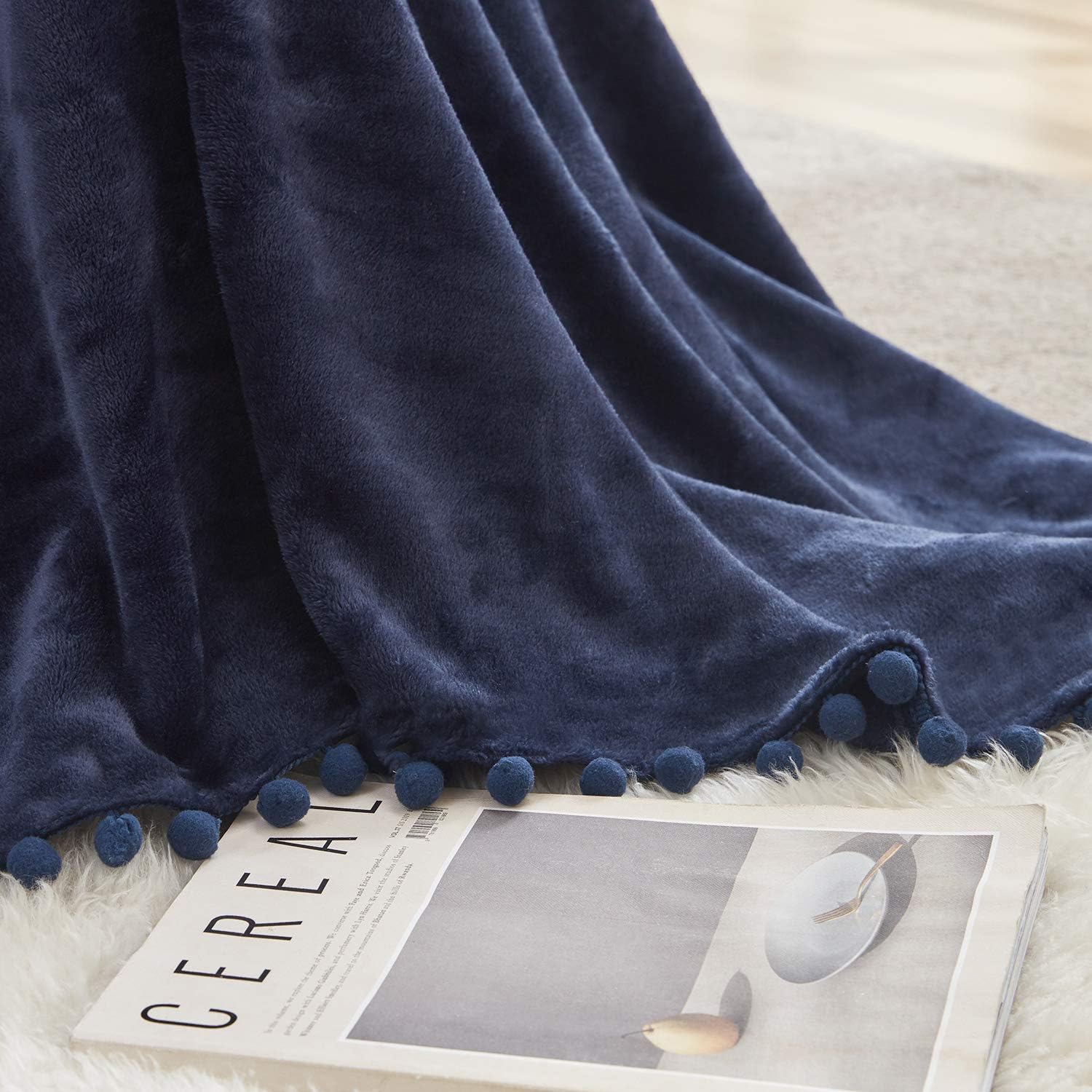BEAUTEX Fleece Throw Blanket with Pompom Fringe, Navyblue Flannel Blankets and Throws for Couch, Super Soft Cozy Lightweight Plush Throw Blanket (50" x 60"): Kitchen & Dining