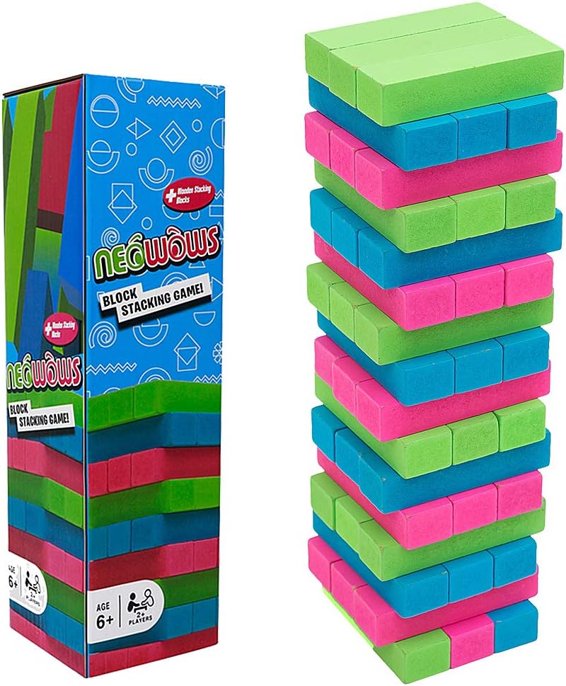 NEOWOWS Stacking Board Games Wooden Building Blocks Tower Camping and Lawn Games for Kids 48 Pieces (Multicolor)