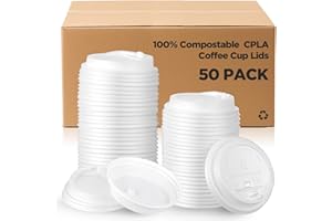Kathfly 50 Count 100% Compostable Cpla Coffee Cups Lids Bulk 3.54 Inch White Disposable CPLA Dome Lid Suitable for 10/12 /16/20 oz Paper Cup Convenient Sip Hole for Water Wine Beer Cold Hot Drink