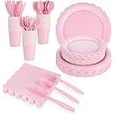 COMNICO 350 Pcs Light Pink Paper Plates and Napkins, Include 50 Pink Paper Plates and Napkins Knives Forks Spoons Cups Disposable Dinnerware Set for Party Wedding Birthday Mother's Day