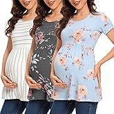 Liu & Qu Women's Maternity Shirts 3 Pack Short Sleeve Side Ruched Stretchy Round Neck Pregnancy Tops
