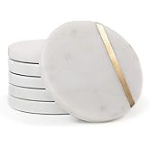 Cork & Mill Marble Coasters Set of 6 - Luxury Aesthetic Modern Decor for Coffee Table- White Marble with Gold Brass Inlay - Real Natural Semi Absorbent Stone Coasters