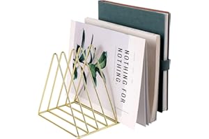 PENGKE File Organizer Triangle Iron Desktop Storage Book Rack Bookshelf Copper Magazine Newspaper Holder Art Desktop Organizer Rack,Gold Pack of 1