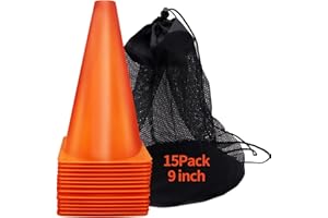 MIVERYEA Cones Sports 9 Inch, 15 Pack Training Cones for Soccer Practice, Agility Field Cone Set for Drills Football Basketball, Plastic Cones for Outdoor Indoor Games