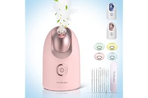 Newbealer Facial Steamer, Mini Aroma Face Steamer, Nano Ionic Hot Mist Facial Humidifier Atomizer, Home Sauna Spa Sprayer Moisturizing Cleansing Pores, 9 Pieces Acne Remover Kit (Pink-Gold, 160ml)