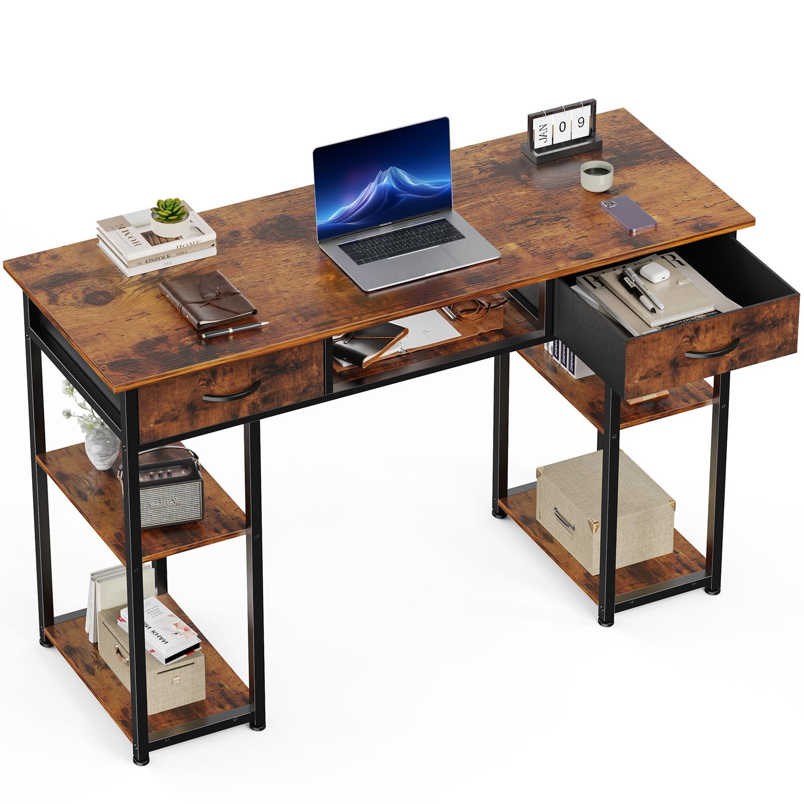 OLIXIS Computer Desk with Drawers Study Writing Table with Storage Bag Headphone Hook Adjustable Feet for Home Office Small Spaces,48IN Rustic