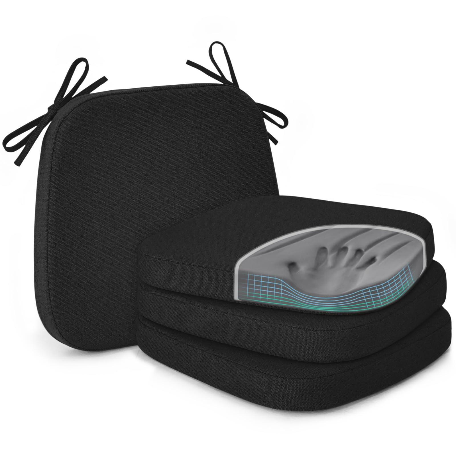 Photo 1 of Shinnwa Dining Chairs Pads Set of 4, Patented Design Memory Foam Kitchen Chair Cushions with Ties and Washable Cover, 4 Pack, 17" x 16" x 2", Black