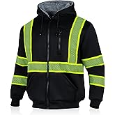 WISIGO High Visibility Safety Jacket ANSI Class 3 Reflective Zipper Hooded Sweatshirt for Men Work Construction