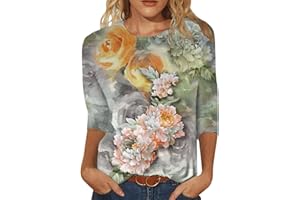 CHUOAND 2024 Floral Printed Tops for Women Trendy 3/4 Sleeve Shirts Loose Fit Casual Dressy Blouses Soft Color Block Tees