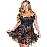 Kinizpl Plus Size Women Sexy Lingerie Set Curvy Lingerie Lace Babydoll Mesh Chemise Nightgown Boudoir Sleepwear with Panty, Black