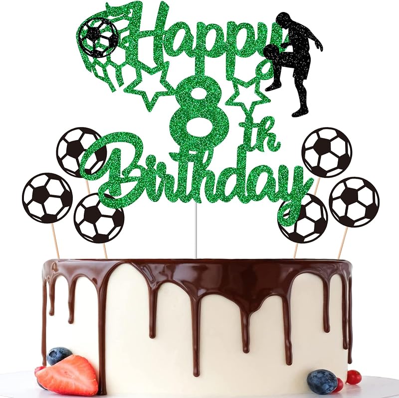 Gidobo 8th Birthday Cake Toppers Green Glitter Soccer Theme
