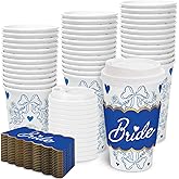 JarThenaAMCS 50 Sets Wedding Coffee Cups with Lids Sleeves 16oz Bride Paper Cups Blue Floral Heart Bow Disposable To Go Coffee Cup for Bridal Shower Cappuccino Chocolate Beverage Cocoa