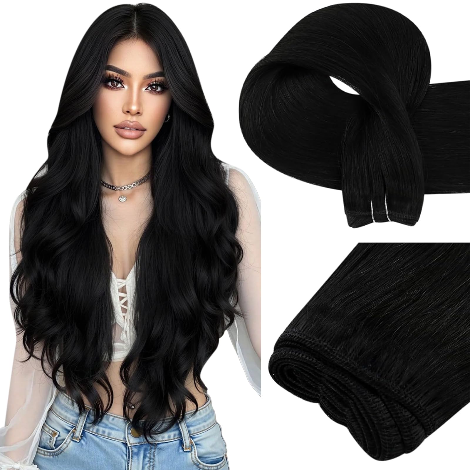 Easyouth Human Hair Black Sew-in Extensions - Real Hair, 12 Inch, 70g Jet Black, Double Weft Remy