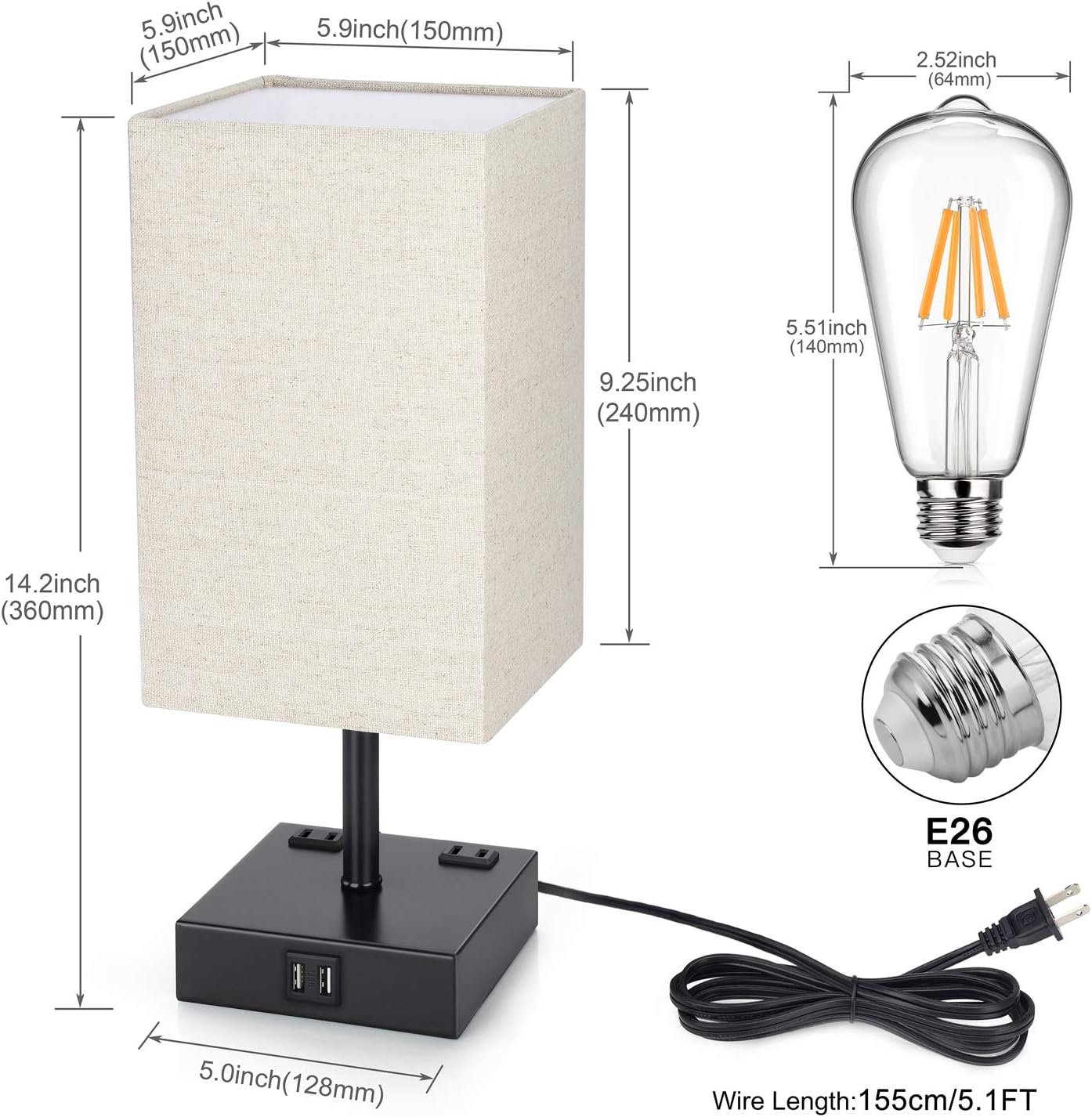 3 Way Dimmable Touch Control Table Lamp, Modern Bedside Desk Lamp with 2 Fast USB Charging Ports 2 AC Outlets, Nightstand Lamp for Bedroom Living Room Office, 60W LED Bulb Included, Black Base: Home Improvement