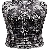 WDIRARA Women's Criss Cross Rhinestone Ruched Strapless Crop Bandeau Tube Top Y2k Gothic Slim Fit Tops
