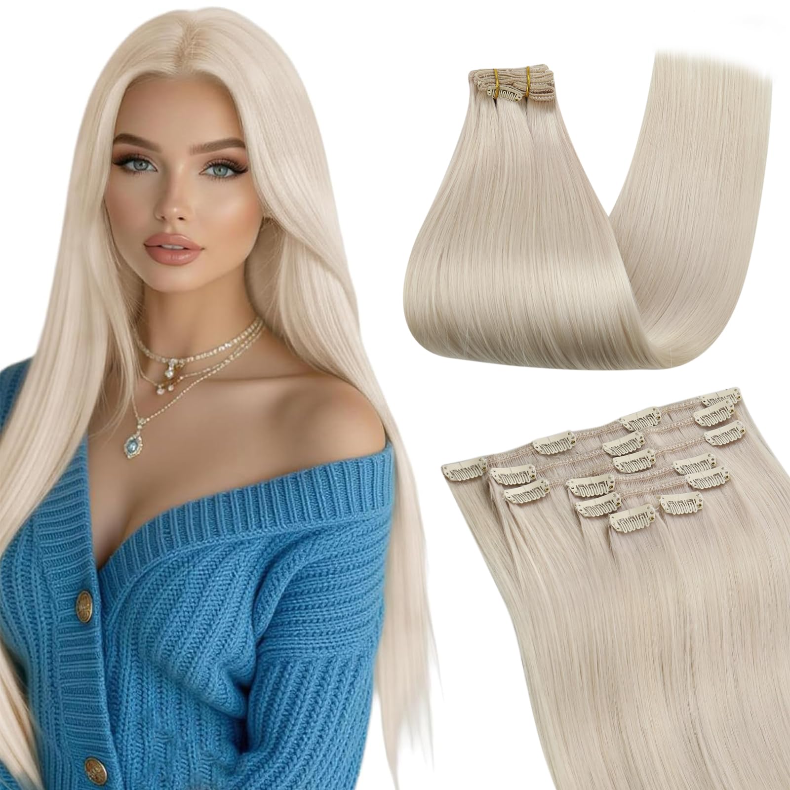 Ugeat Clip in Hair Extensions Real Human Hair Blonde Human Hair Extensions Clip ins Platinum Blonde Hair Clip Extensions for Women 7pcs 105g 14 Inch