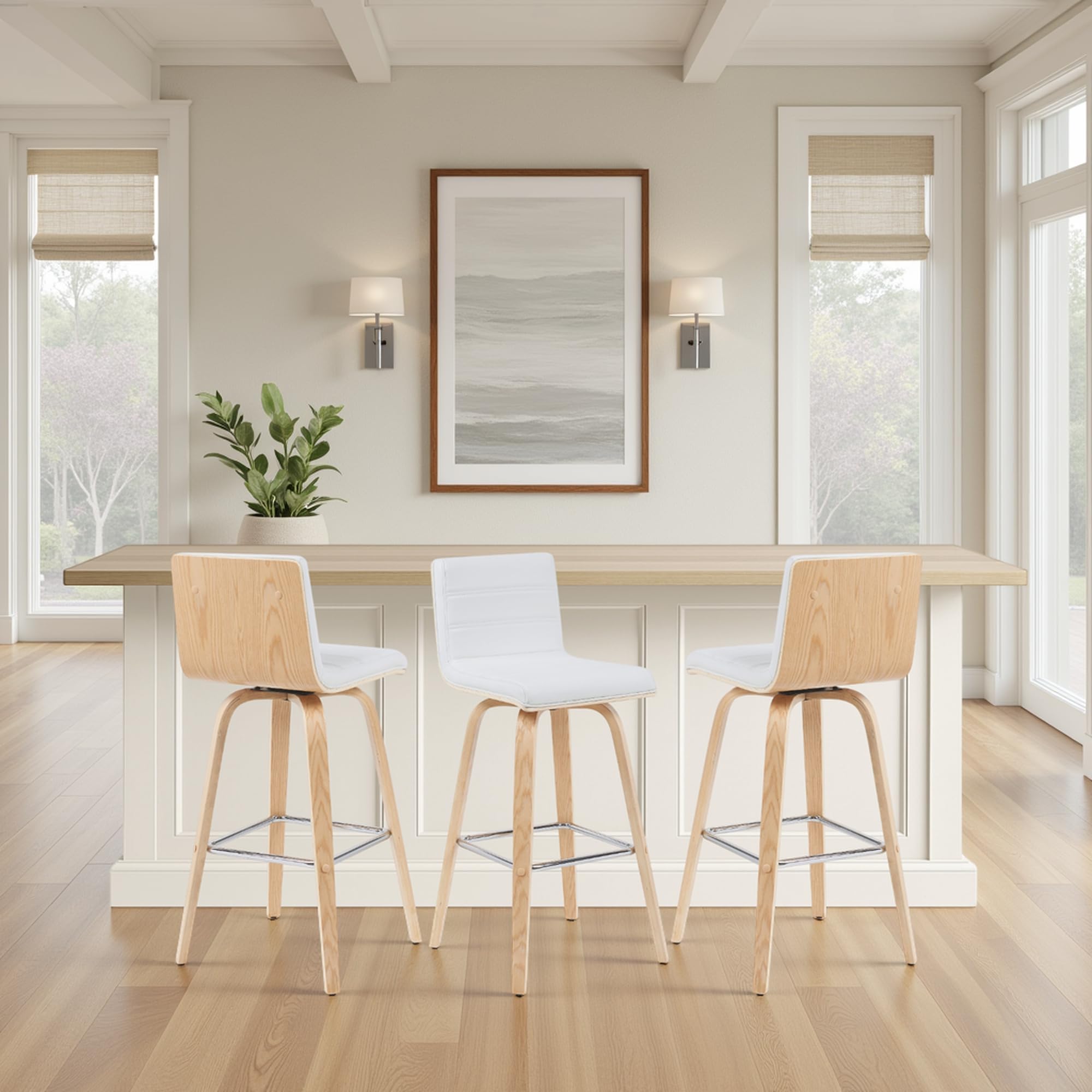 Photo 1 of ****ONLY ONE FINAL SALE NO RETURN NO REFUNDS****** Vienna Modern Swivel Bar Height Stool with White Faux Leather Seat and Patterned Oak Wood Frame 