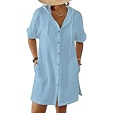 Bsubseach Womens Swimsuit Cover Up Shirt Button Down Short Sleeve Bathingsuit Coverups Hooded Beach Coverup With Pockets