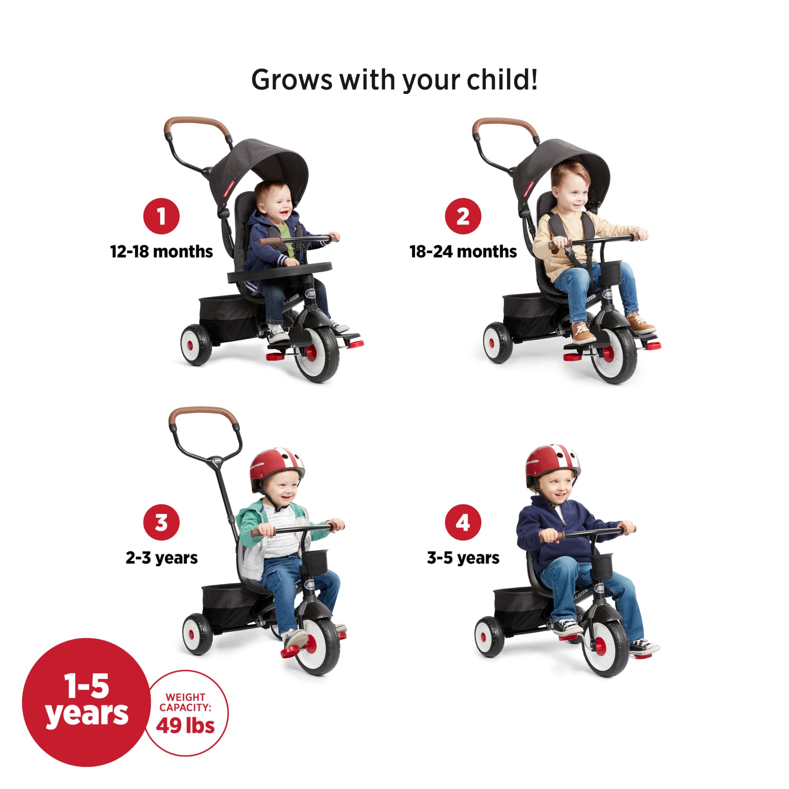 Toddler Bike, Kids Bike, Tricycle Toddler Toys for Ages 2-4, Baby Toy, Radio Flyer 4-in-1 Stroll 'N Trike, for Ages 1-5 Years, Black