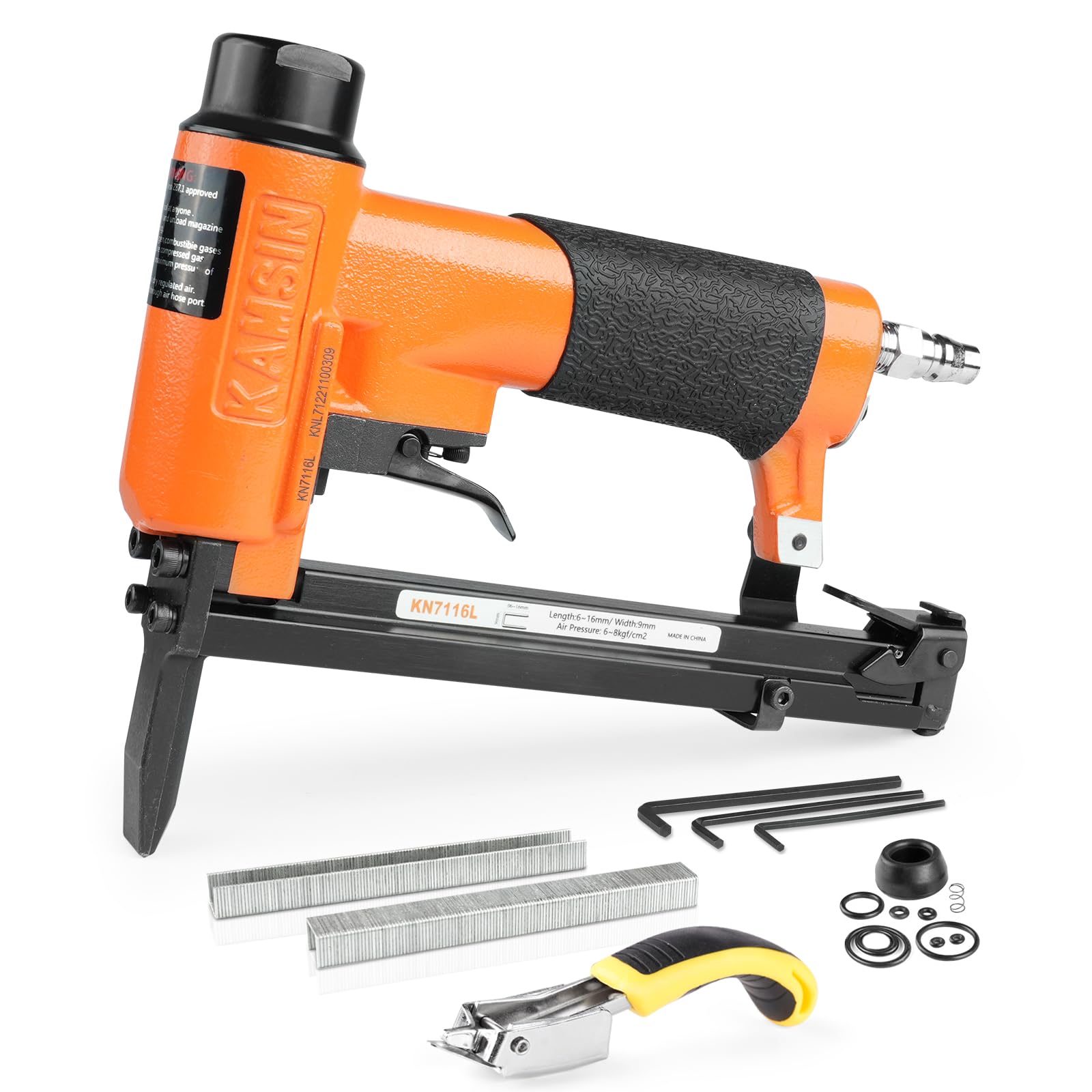 KAMSIN KN7116L Type 71 Long Nose Pneumatic Upholstery Staple Gun, 9.0mm Crown 6-16mm Staples Upholstery Stapler, 1/4" BSP Air Connector Fine Wire Staple Gun for Carpentry, Furniture