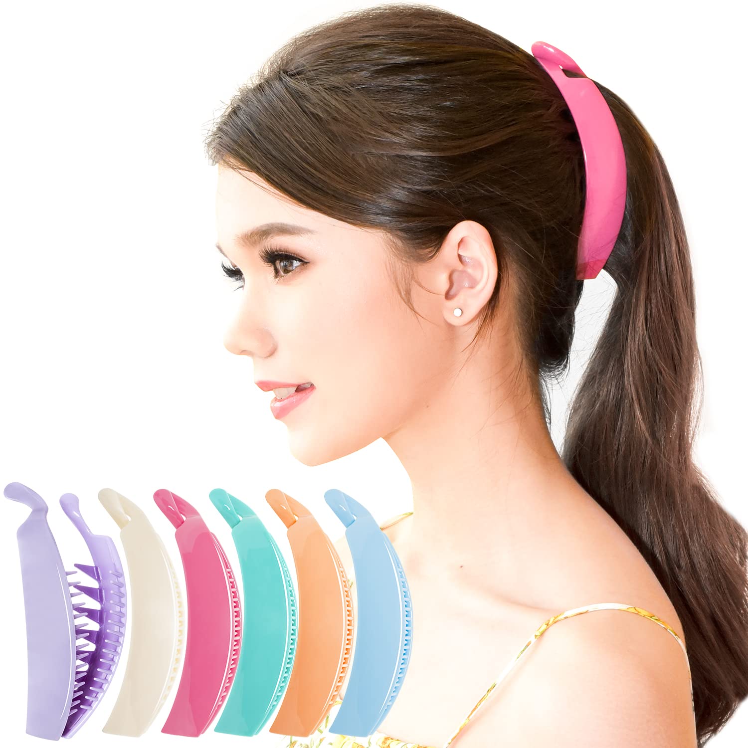 RC ROCHE 6 Pcs Banana Hair Clips for Women Thick Hair Curly Claw Strong Hold No Slip Ponytail Holder Interlocking Teeth Clamps Medium XL Extra Jumbo, Large Pastel Multicolor