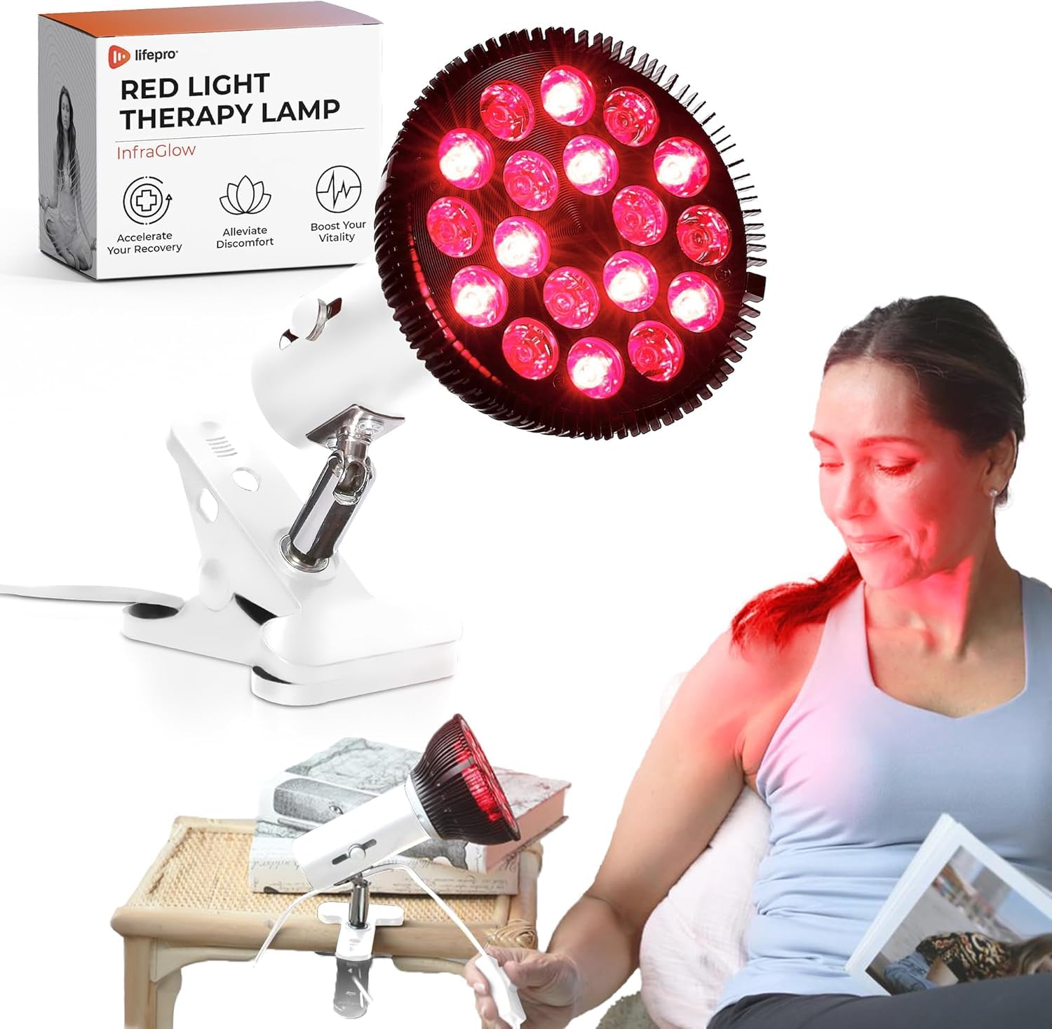 Photo 1 of LifePro InfraGlow NIR & Red Light Therapy Lamp - Infrared Red Light Therapy Bulb with 18 LEDs & Clip-On Lamp - at-Home Red Light Therapy for Body, Chronic Pain Relief, Skin Wellness, & Recovery
