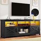 DWVO Farmhouse TV Stand with Power Outlets & LED Lights, Entertainment Center for TVs up to 80", TV Console with Storage Cabinets & Open Shelves for Living Room (Black)