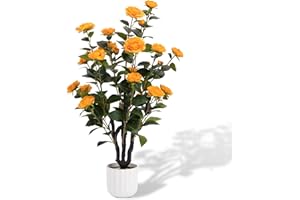 VENUSMILES 38'' Artificial Faux Camellia Tree Plants for Indoor Outdoor, Fake Orange Silk Camellia Tree Plants in Cement Pot for Home House Living Room Office Decor