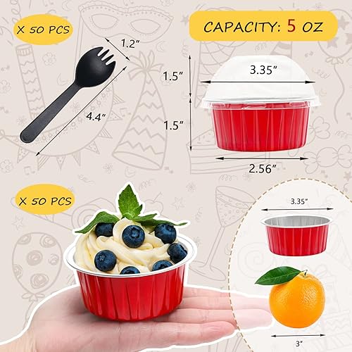 Red Cupcake Liners Muffin Tins 50 Pack,Free-Air 5oz Aluminum Foil Baking  Cups with Lids,Disposable Ramekins Cu