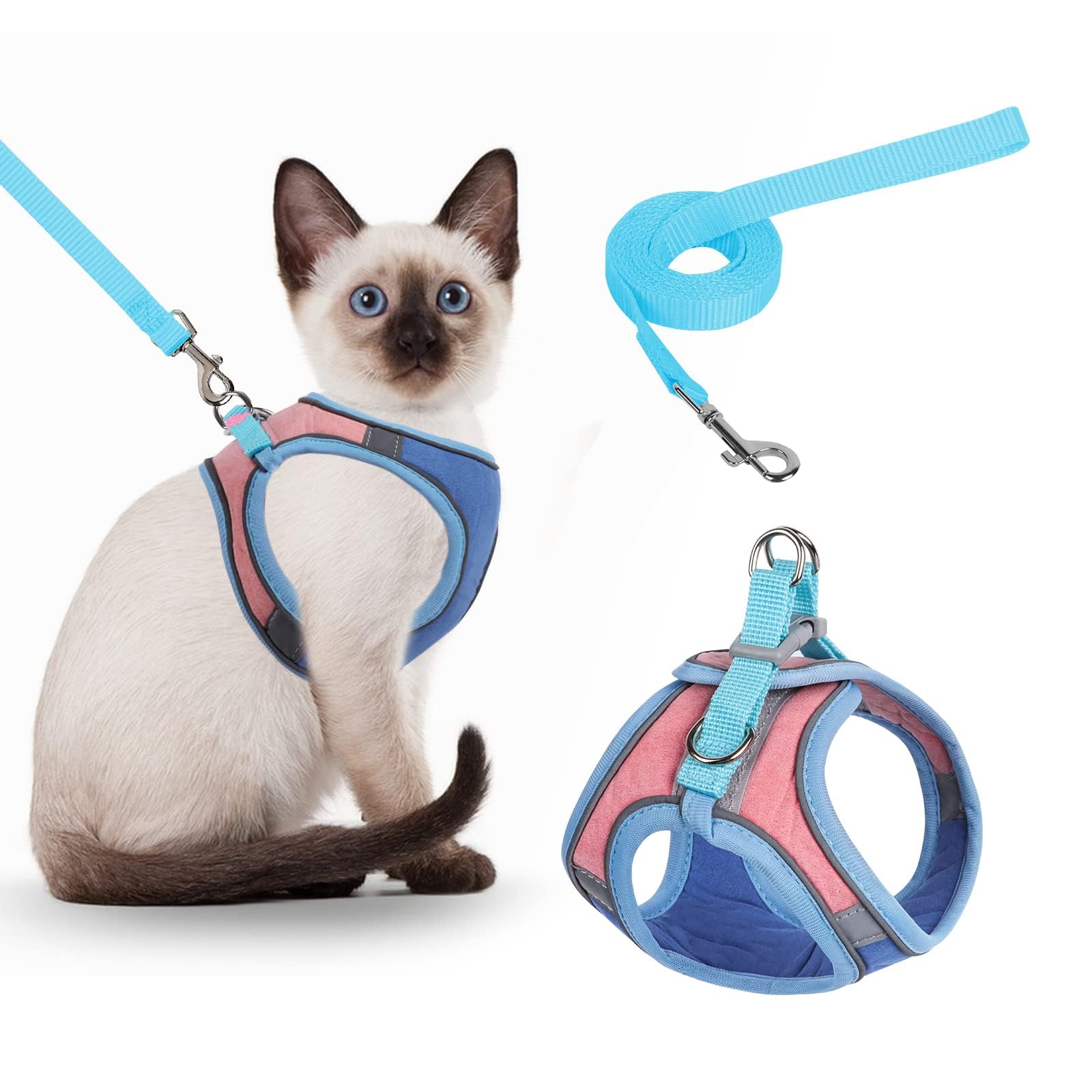 TRHDFW Escape-Proof Cat Harness, with Reflective Strip Anti-Cat Harness and Lead Set, Adjustable Soft Cat Harness for Medium Small Cats (Blue pink S)