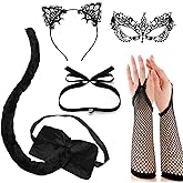 Eorbow 5 Packs Black Cat Ears and Tail Set, Cat Costume Accessories Including Lace Mask Gloves Choker Necklace with Bell, Cats Masquerade Outfit for Adults, Halloween Cosplay Dress Up Supplies