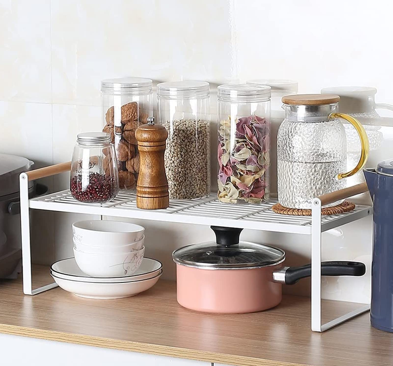 HGYZE Carbon Steel Kitchen Bathroom Counter Shelf, Sturdy Cupboard Stand Pantry Shelves - Add Storage Space to the countertop Bedroom Office, Stackable Spice Organizer Rack (White, 20”x8.8“)