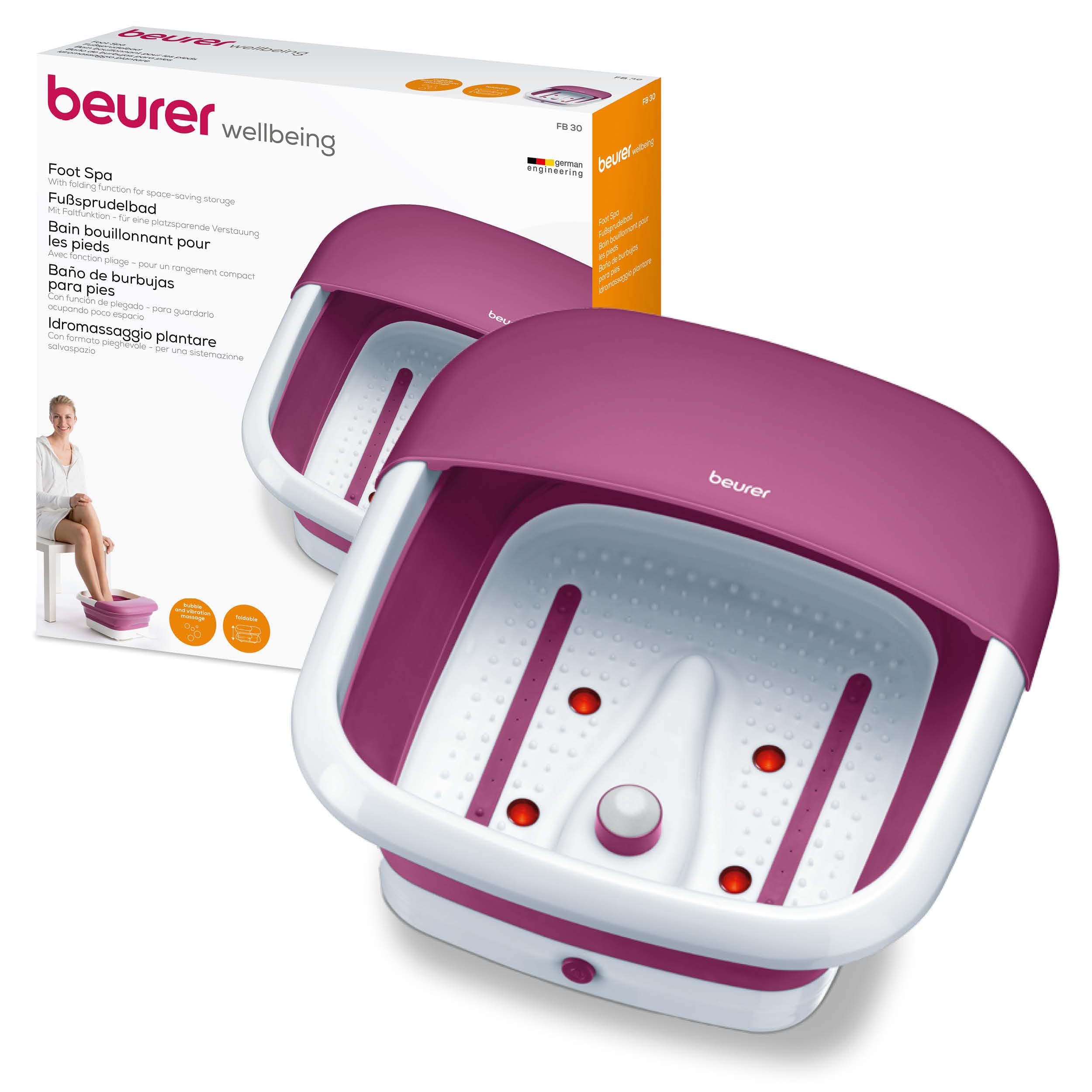 Beurer FB 30 Faltbares Fußsprudelbad mit Wasserheizung, Vibrations- und Sprudelmassage, massageunterstützendes Fußbett, Infrarot-Lichtpunkte, integrierte Pedikürestation