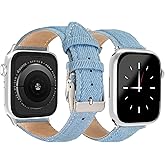 Denim Strap for Apple Watch Bands 40mm 41mm 38mm, Soft Leather Hybrid Bracelet Compatible with iWatch Band Series 10(42mm)/9/SE/8/7/6/5/4/3/2/1, Fashion Strap for Apple Watch Men Women Light Blue