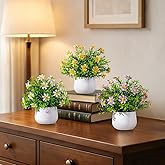 Yarmare 3 Pack Small Fake Plants Artificial Potted Flowers for Indoor Mini Faux Plants with Flowers Greenery for Home Decor Living Room Bathroom Bedroom Office Table Shelf (White+Yellow+Purple)