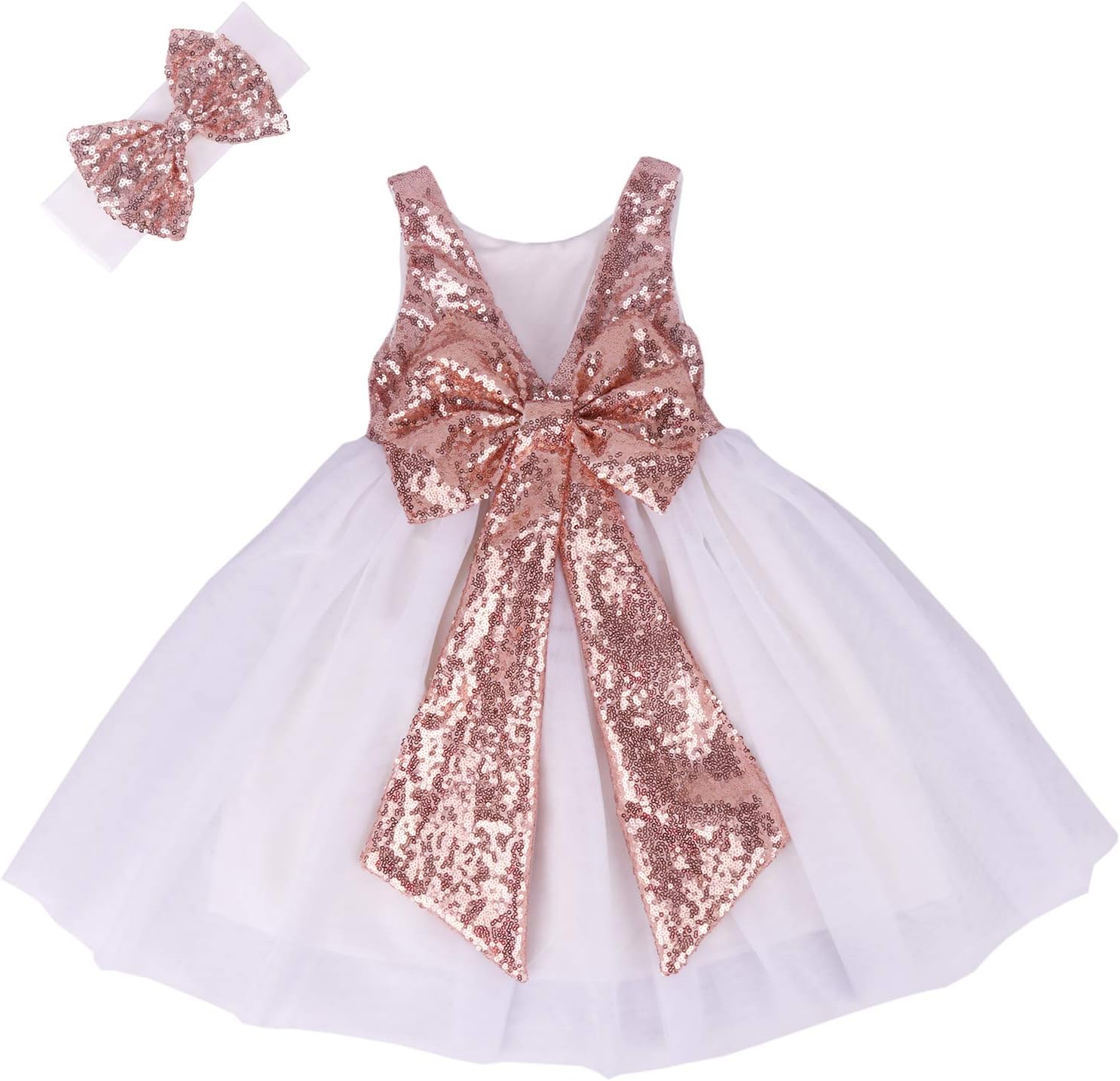 Baby Girls Tutu Dress Flower Girl Lace Infant Big V-Back Dresses Belt Bow