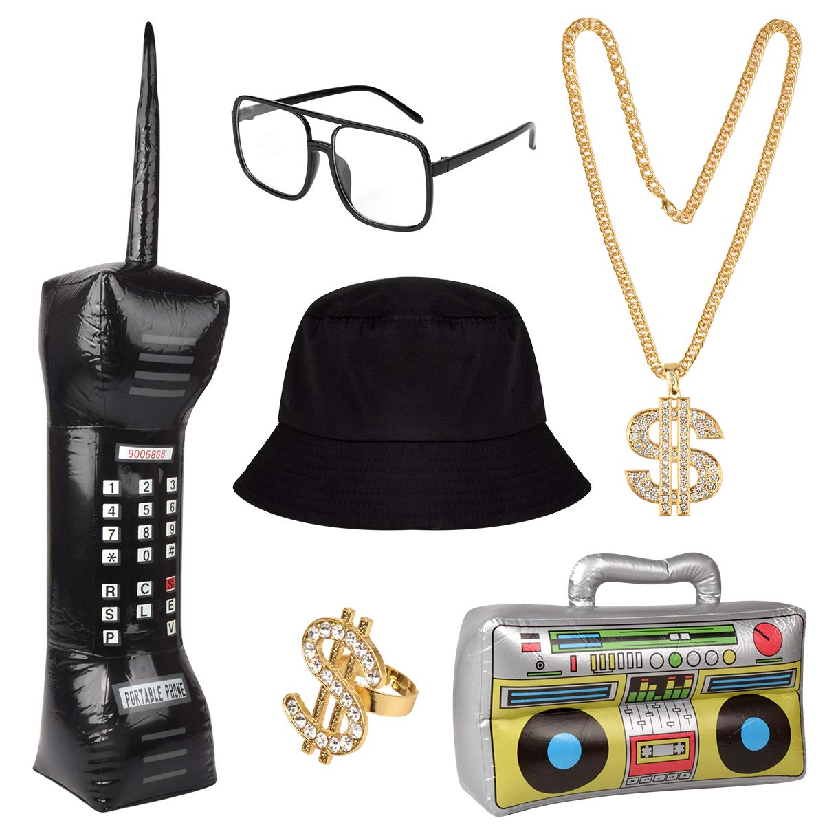 Hotgod Hip Hop Costume Kit Bucket Hat Sunglasses Inflatable Boom Box Mobile Phone Dollar Sign Gold Chain 80s/90s Party Supplies Decorations Cosplay Props