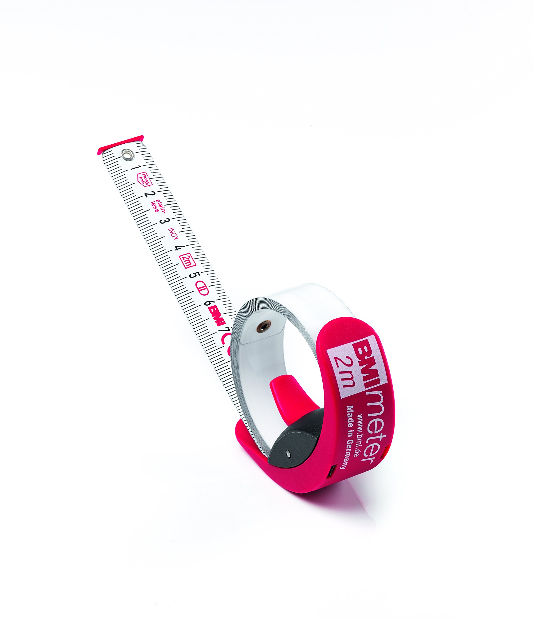 BMI 429241021 Measuring Tape with Stop/Belt Clip, Red/White, 2 m x 16 mm
