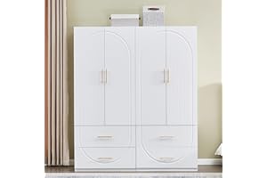 Idealcabin Wardrobe Closet 4 Doors Bedroom Armoires Wardrobe Closet White Storage Cabinet with Hanging Rod Shelves Wooden Clothes Closet Wardrobe Cabinet Storage Closet (20.4" D x 63" W x 74" H)