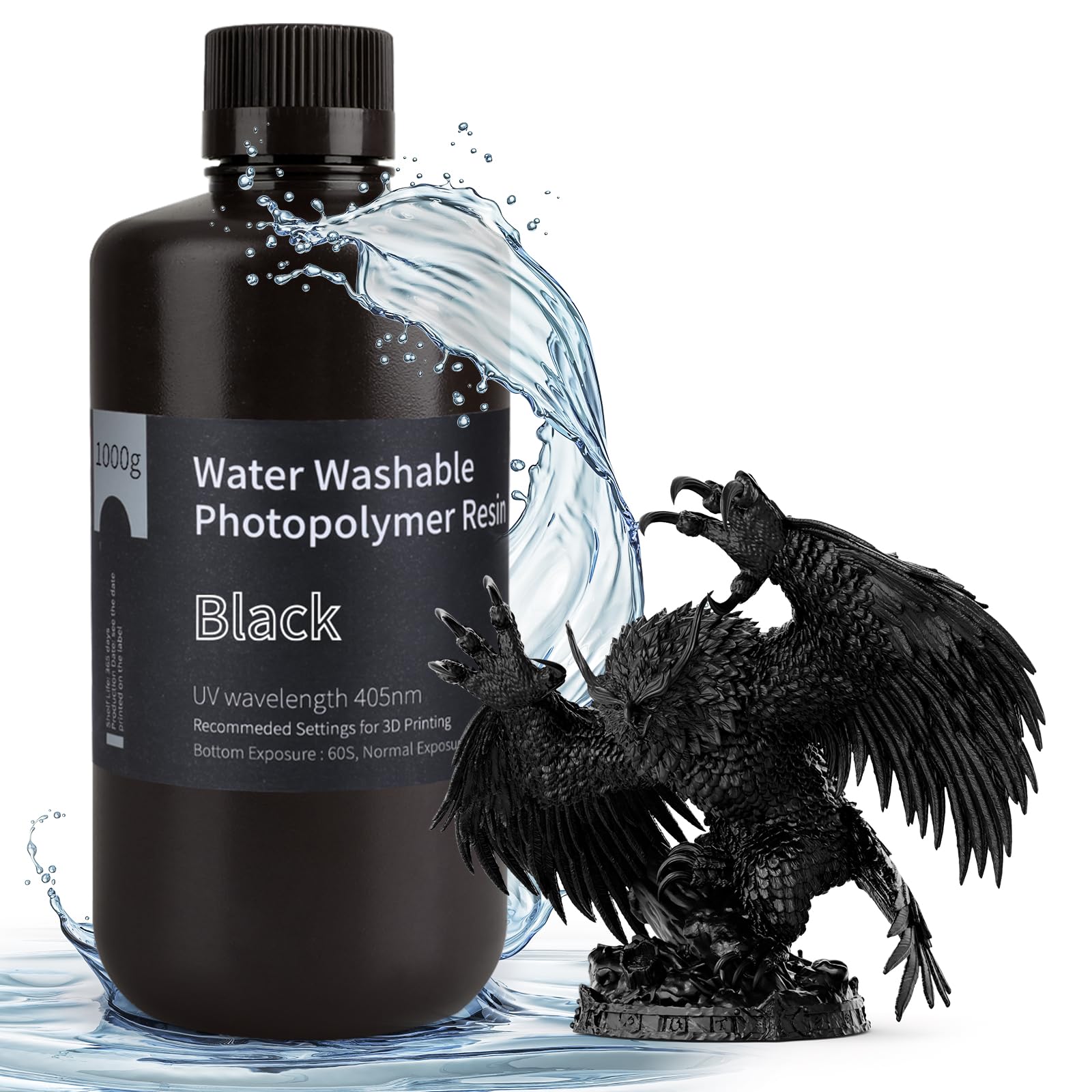 ELEGOO Water Washable 3D Printer Resin LCD UV-Curing Resin 405nm Standard Photopolymer Resin for LCD 3D Printing - Black 1000g