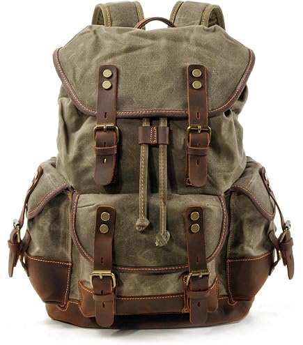 TOPWOLFS Waterproof Waxed Canvas Backpack for Men Travel Rucksack Leather Trimming (Green) One_Size : Sports & Outdoors