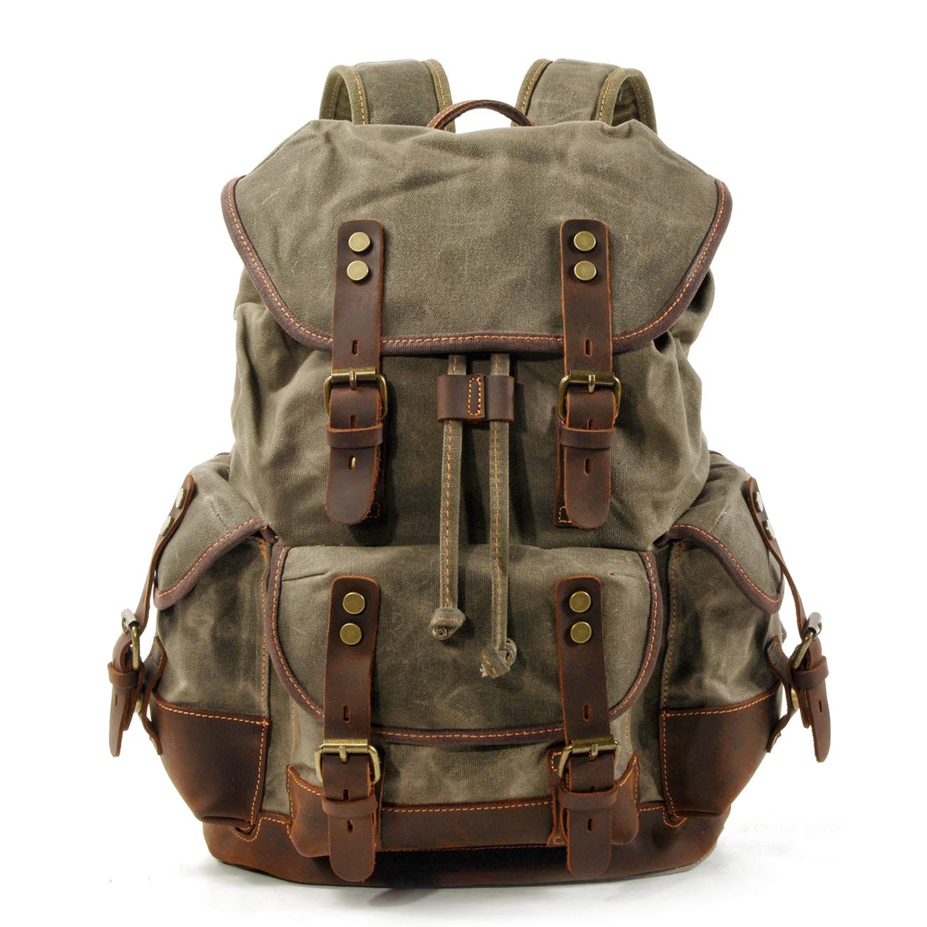 WUDON Men Travel Backpack, Genuine Leather-Waxed Canvas Shoulder Hiking Rucksack