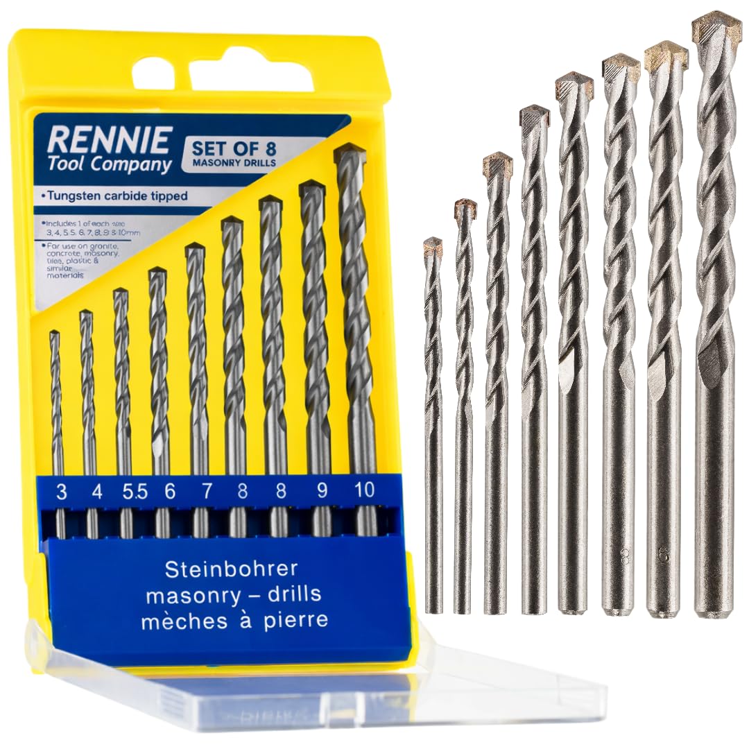 Rennie Tools - 8 Piece Tungsten Carbide (TCT) Masonry Drill Bit Set for Concrete Brick Porcelain Ceramic Tile Plastic Wood (3 4 5.5 6 7 8 9 & 10mm)